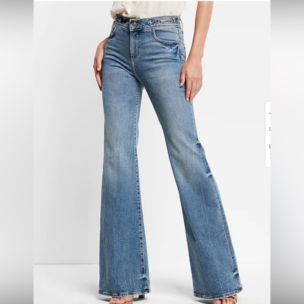 EXPRESS Horsebit Detail 70’s Flare Mid rise Jeans